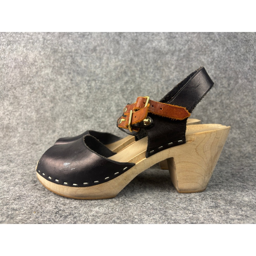 Swedish Hasbeens Peep Toe High Clogs Womens 38 Black Leather Wood Heel Sandals